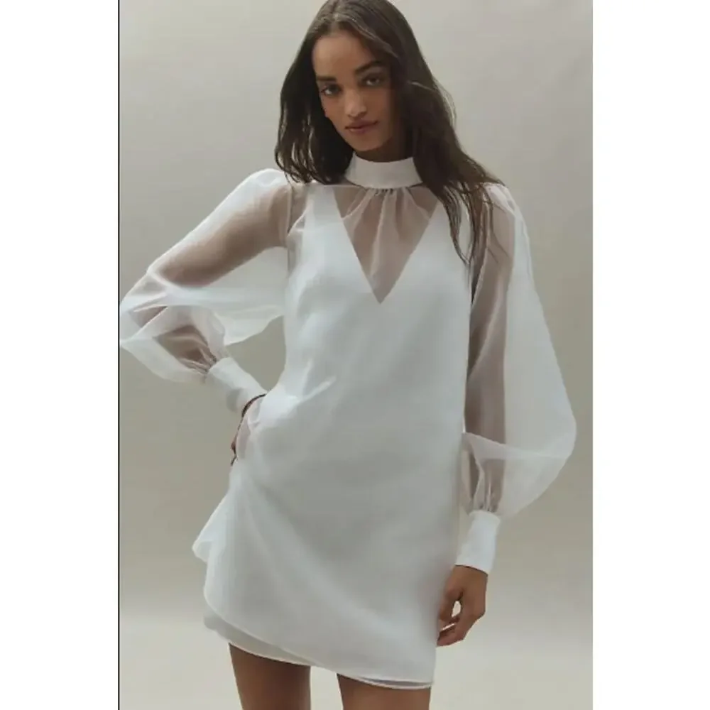 Mare Mare Long Sleeve Organza Overlay Mini Dress White High Neck Size Small - Picture 2 of 14